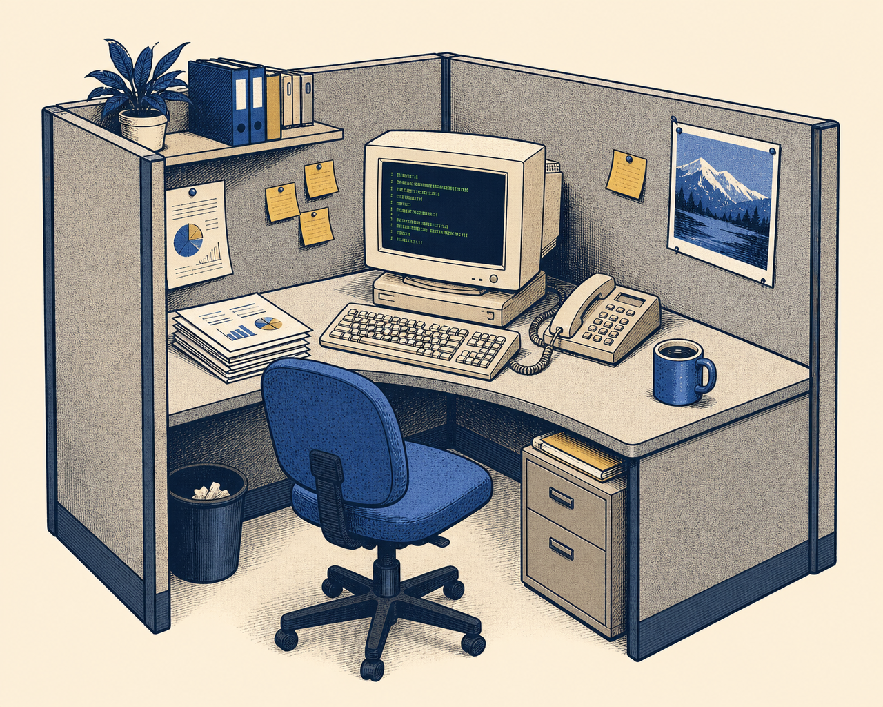 Illustration of a 1990s office cubicle with a beige CRT computer, keyboard, desk phone and sticky notes