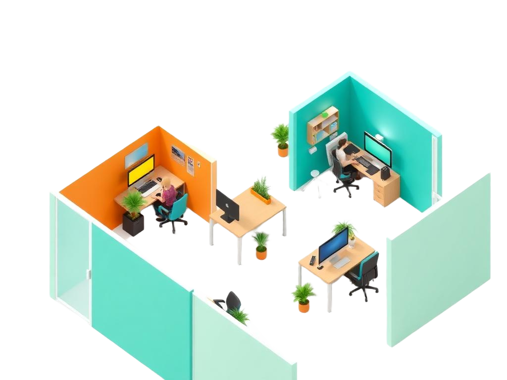 Isometric illustration of modern colorful office pods