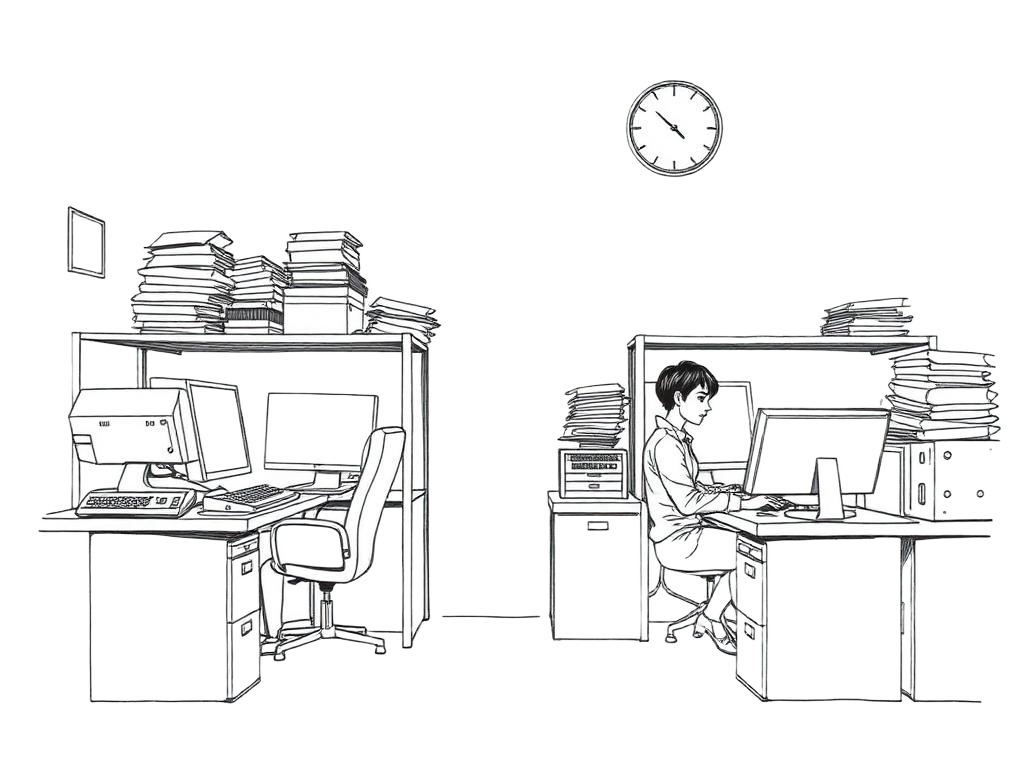 Line drawing of workers in old office cubicles surrounded by stacks of paper